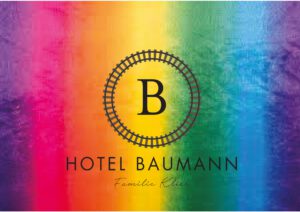 Logo Gasthaus Baumann mit Regenbogen Hintergrund